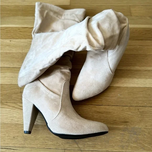 Beige Suede High Heel Slouch Boots – Chic Pointed Toe Zip Up Fall Style.